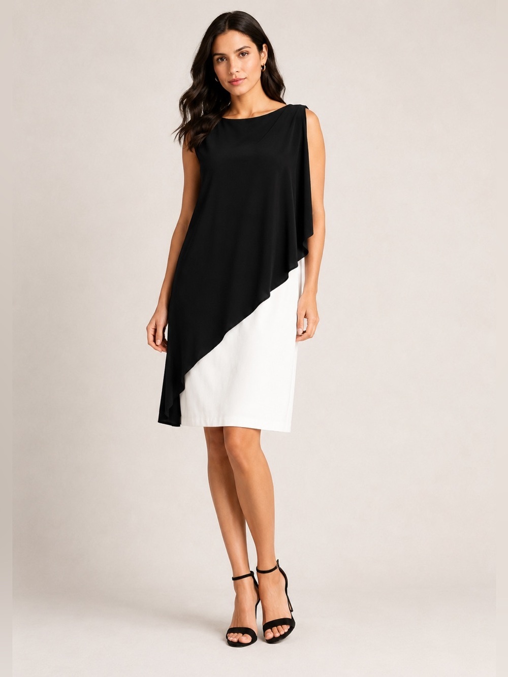 LAUREN RALPH LAUREN BLACK AND WHITE ASSYMETRICAL OVERLAY SHEATH DRESS SIZE 4